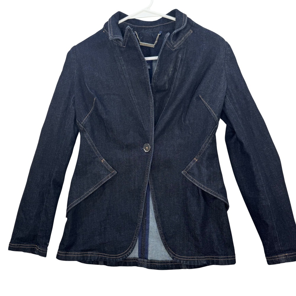 White House Black Market Denim Blazer Women 4 Dark Wash One Button Tailored Chic